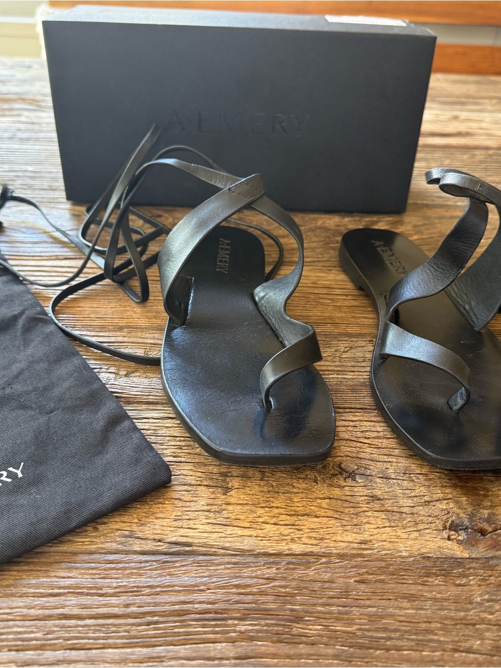 A. Emery Margaux Black Leather Lace Up Flat Sandals